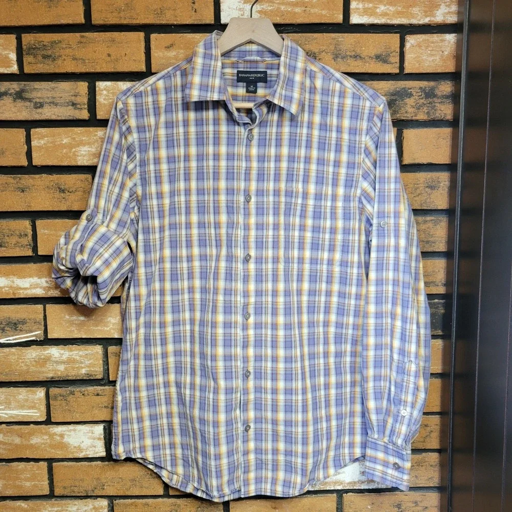 Banana Republic Mens Medium Purplr &‎ Tan Button Down Long Sleeve Plaid Check